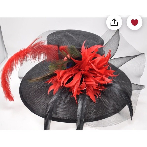 Black red feathers Flowers Kentucky Derby Tea Party Wide Brim Hat Handmade - Picture 2 of 10